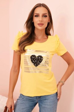 Bluzka damska bawełniana z falbanką i sercem z dżetów żółta