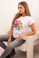 Bluzka damska bawełniana z krótkim rękawem i kolorowym nadrukiem biała