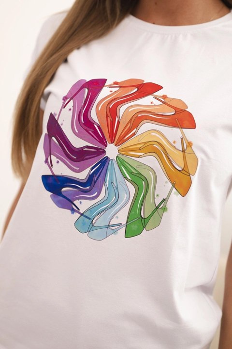 Bluzka damska bawełniana z krótkim rękawem i kolorowym nadrukiem biała