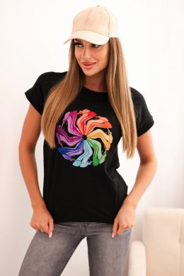 Bluzka damska bawełniana z krótkim rękawem i kolorowym nadrukiem czarna