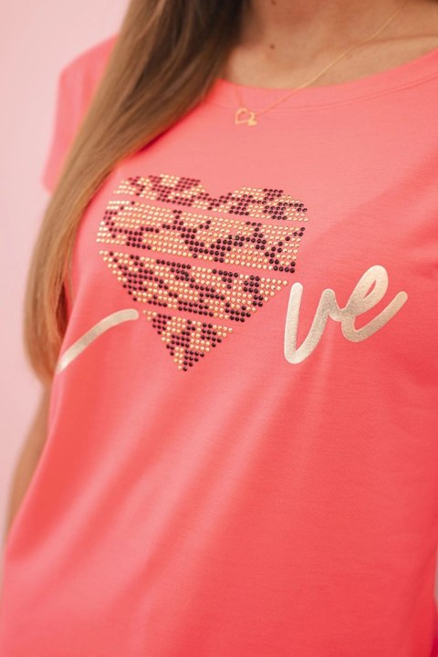 Bluzka damska bawełniana z krótkim rękawem i nadrukiem „Stay Wild" różowy neon