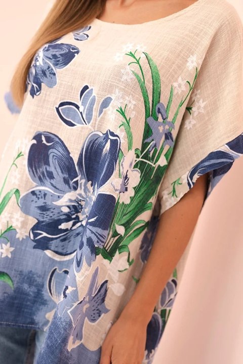 Bluzka damska bawełniana z kwiatowym nadrukiem i krótkim rękawem beżowa