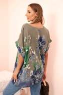 Bluzka damska bawełniana z kwiatowym nadrukiem i krótkim rękawem khaki