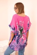 Bluzka damska bawełniana z kwiatowym nadrukiem i krótkim rękawem różowa