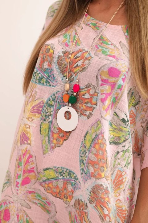 Bluzka damska bawełniana z motywem motyli z krótkim rękawem cukierkowy róż