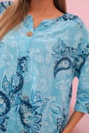 Bluzka damska bawełniana z podwijanym rękawem i wzorem paisley turkusowa