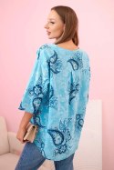 Bluzka damska bawełniana z podwijanym rękawem i wzorem paisley turkusowa