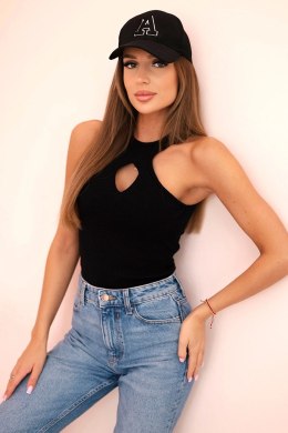 Bluzka damska bez rękawów z wycięciem i ozdobną klamrą czarna