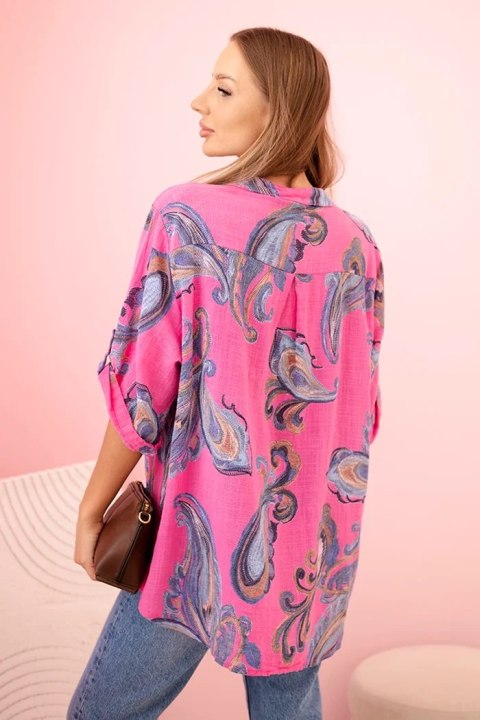 Bluzka damska z bawełny z ozdobnym printem i podwijanymi rękawami różowa