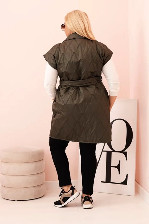 Kamizelka damska Plus Size pikowana z paskiem i kołnierzem khaki