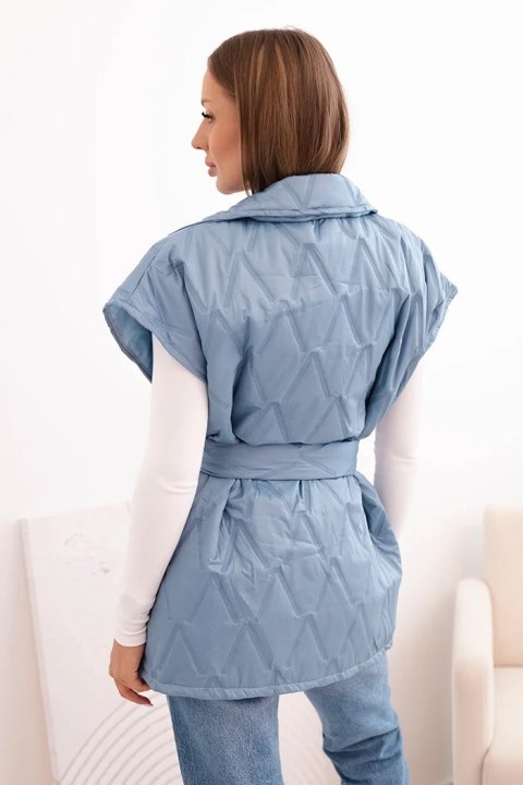 Kamizelka damska pikowana z paskiem i szerokim kołnierzem jeansowa