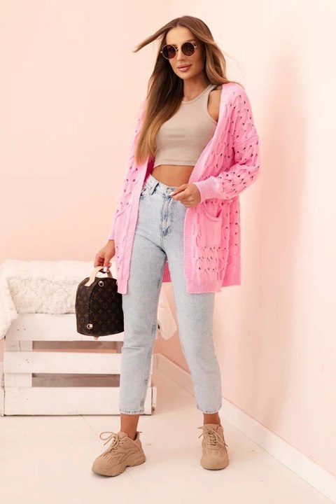 Kardigan damski ażurowy z kieszeniami jasny różowy