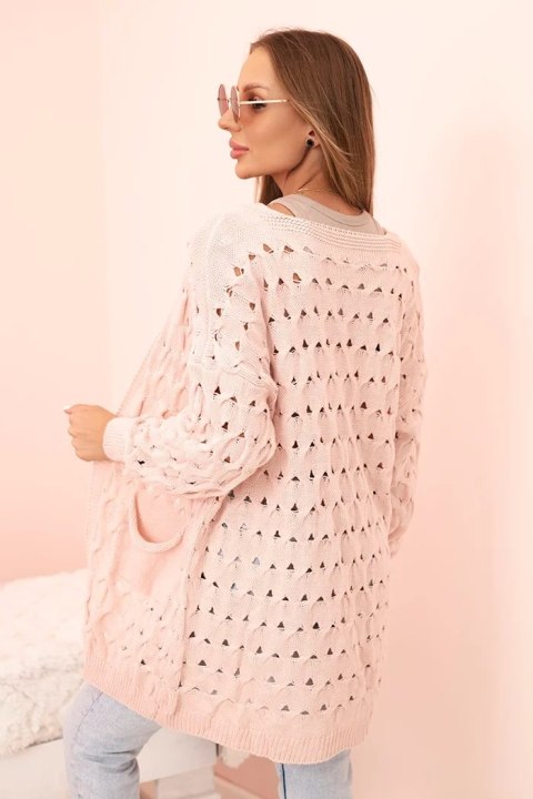 Kardigan damski ażurowy z kieszeniami pudrowy róż