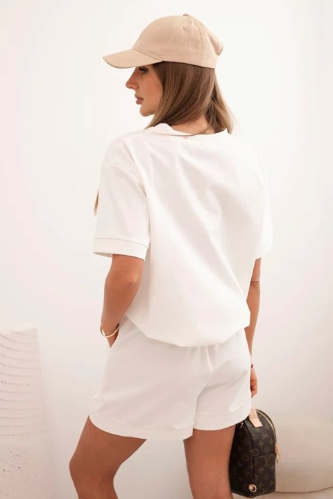 Komplet damski punto z krótkim rękawem i luźnymi szortami ecru