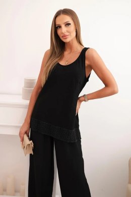 Komplet damski z wiskozy bluzka na szerokich ramiączkach i spodnie z szeroką nogawką czarny