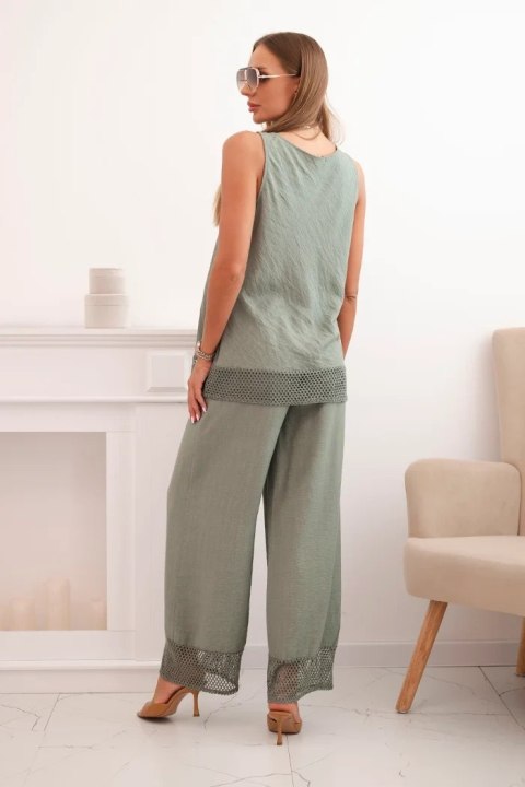 Komplet damski z wiskozy bluzka na szerokich ramiączkach i spodnie z szeroką nogawką khaki