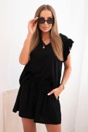 Komplet damski z wiskozy bluzka z falbankami i krótkie szorty czarny