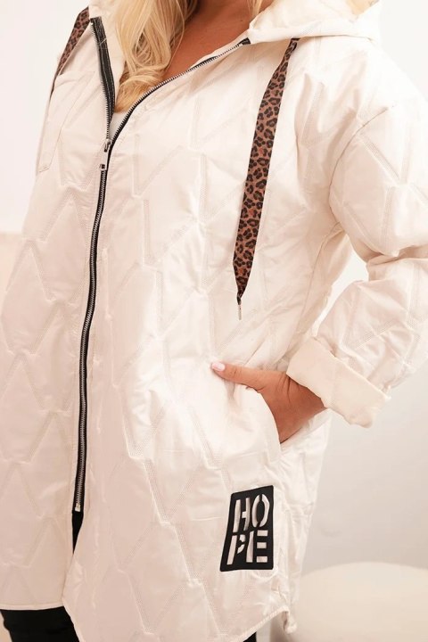 Kurtka damska Plus Size pikowana z kapturem i napisem HOPE jasno beżowa