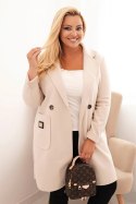 Płaszcz damski elegancki Plus Size z kołnierzem i dużymi kieszeniami beżowy