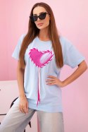 T-shirt damska bawełniana oversize z sercem i frędzlami niebieska