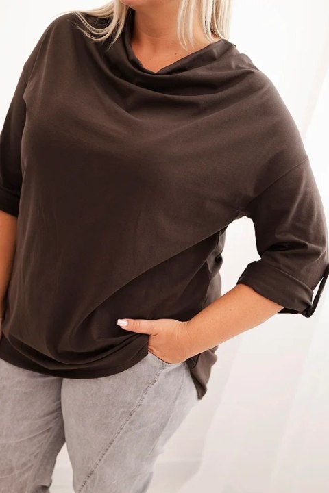 Bluzka damska Plus Size z bawełną o luźnym kroju z dekoltem wodnym brązowa