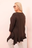 Bluzka damska Plus Size z bawełną z falbaną i rękawem podwijanym brązowa