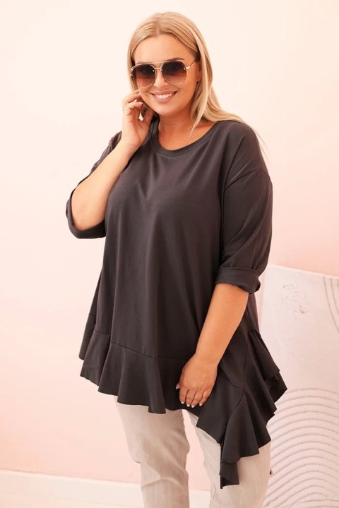 Bluzka damska Plus Size z bawełną z falbaną i rękawem podwijanym grafitowa
