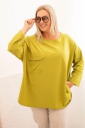 Bluzka damska Plus Size z bawełną z kieszenią i rękawem podwijanym kiwi