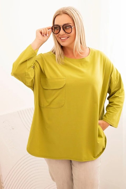 Bluzka damska Plus Size z bawełną z kieszenią i rękawem podwijanym kiwi