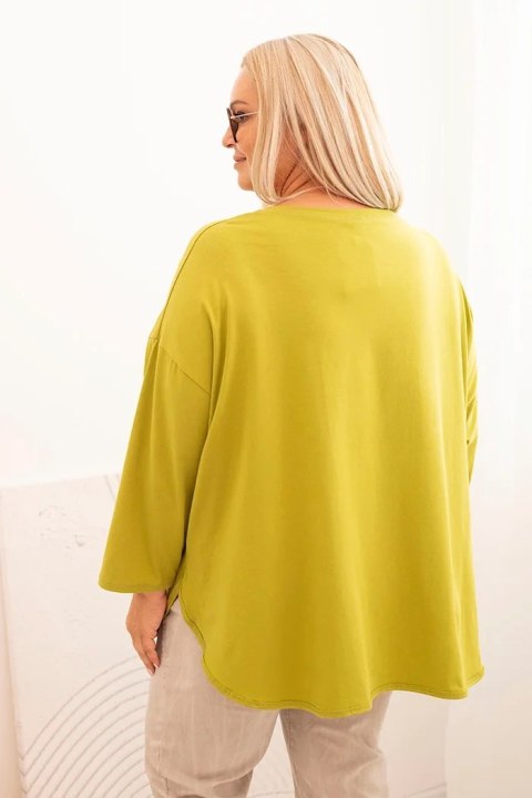 Bluzka damska Plus Size z bawełną z kieszenią i rękawem podwijanym kiwi