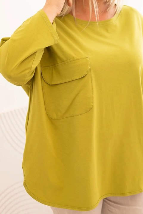 Bluzka damska Plus Size z bawełną z kieszenią i rękawem podwijanym kiwi