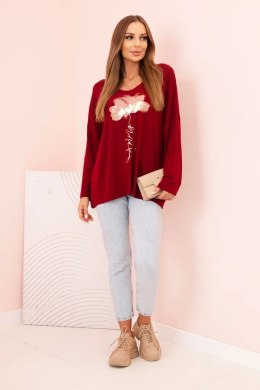 Bluzka damska z wiskozy z długim rękawem i złotym kwiatowym nadrukiem bordowa