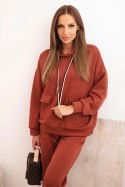 Komplet damska masełkowy bluza z kapturem i spodniami z paskiem rudy