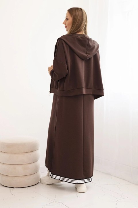 Komplet damska z wiskozą z rozpinaną bluzą i długą sukienką brązowy