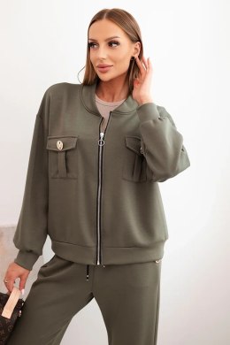 Komplet damski masełkowy z wiskozy z rozpinaną bluzą i spodniami khaki