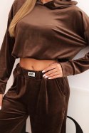 Komplet dresowy damska z weluru z szerokimi nogawkami i bluzą z kapturem brązowy