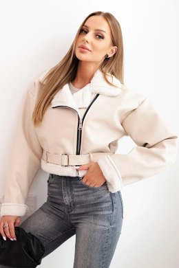 Kurtka damska pilotka z ekoskóry ocieplana z kożuchem i paskiem beżowa
