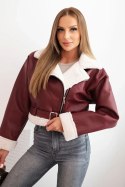 Kurtka damska pilotka z ekoskóry ocieplana z kożuchem i paskiem bordowa