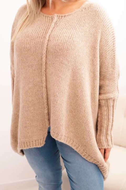 Sweter damska Plus Size z akrylem o luźnym kroju i rękawem 3/4 camelowy