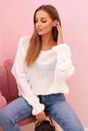 Sweter damska z moheru z marszczonymi rękawami i wycięciem na plecach ecru