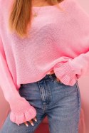 Sweter damska z moheru z marszczonymi rękawami i wycięciem na plecach jasny różowy