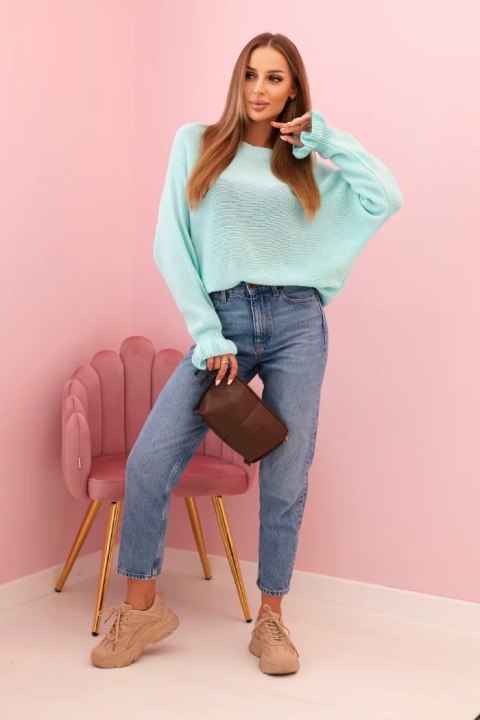 Sweter damska z moheru z marszczonymi rękawami i wycięciem na plecach miętowy