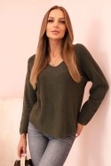 Sweter damska z wiskozą z dekoltem w serek ciemny khaki