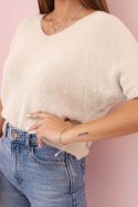 Sweter damski z miękkiego włosia z dekoltem V krótki rękaw beżowy