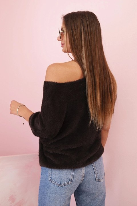 Sweter damski z miękkiego włosia z dekoltem V krótki rękaw brązowy