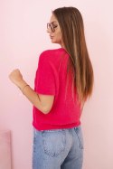 Sweter damski z miękkiego włosia z dekoltem V krótki rękaw fuksja
