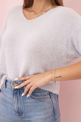 Sweter damski z miękkiego włosia z dekoltem V krótki rękaw szary