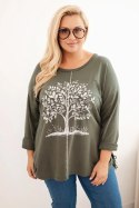Bluza damska Plus Size bawełniana z nadrukiem drzewa khaki
