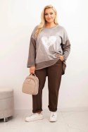 Bluza damska Plus Size bawełniana z nadrukiem serca i troczkami brązowa