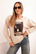 Bluza damska bawełniana z nadrukiem kota i napisem beżowa